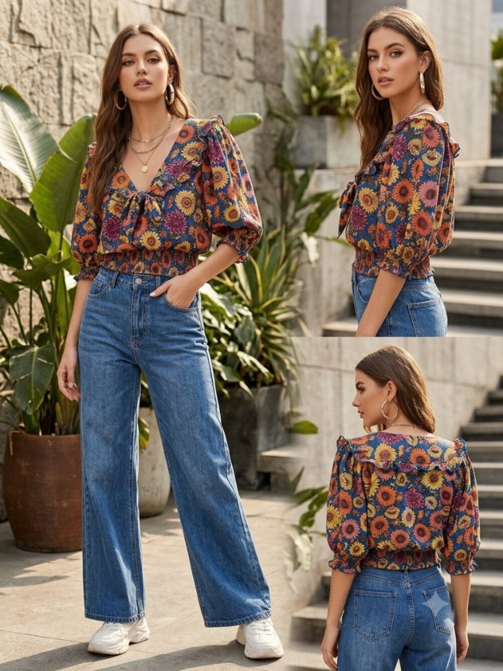 Natural Life Sunflower Floral Boho Tie Front Smocked Crop Top M 70s Retro Cottag
